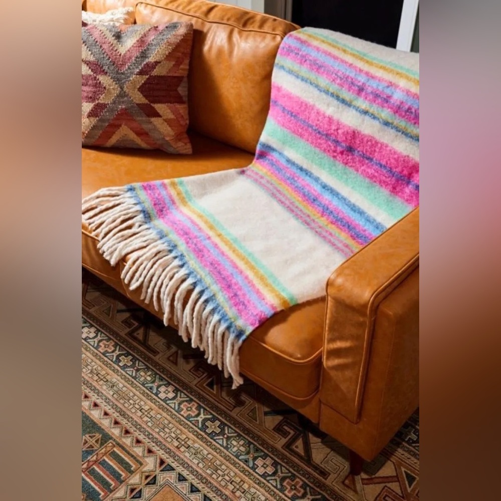 Free People Cozy Stripe Fringe Throw Blanket in Pink Multi
